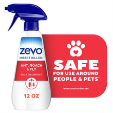 Insect killer spray bottle with blue trigger and red label with pet-safe badge