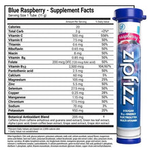 Effervescent vitamin drink mix tube, blueberry raspberry supplement facts label