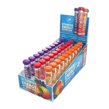 Vitamin energy hydration drink mix tubes displayed in a cardboard tray.