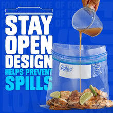 Ziploc stay-open design freezer storage bag with poured liquid over food