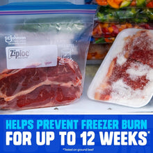 Ziploc freezer storage bags with sealed raw meat and a frozen meal tray