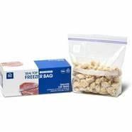Ziploc gallon freezer bags with one clear bag open and a box package