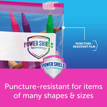 Ziploc Power Shield freezer bags, clear pouch with puncture-resistant film and slider tab.