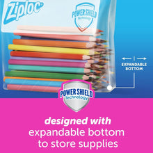 Ziploc Power Shield freezer bags, clear pouches with colored sliders and expandable bottom.