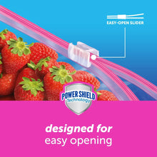 Ziploc slider freezer bags with Power Shield seal, pink slider closure.