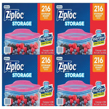 Ziploc quart storage bags, 216 ct, StayOpen design shown on four packs
