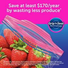 Pink striped quart storage bag with zipper seal, shown with strawberries