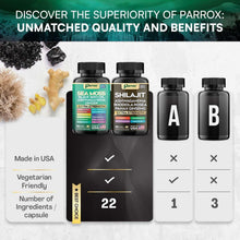 Sea moss and shilajit supplement bottles with black caps and dark labels