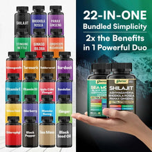 Sea moss and shilajit duo supplement bottles beside assorted single-ingredient bottles