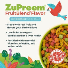 ZuPreem FruitBlend flavor bird food bag panel with real fruit and vitamins & minerals