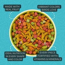 FruitBlend flavor bird food pellets in a bowl, vibrant colors