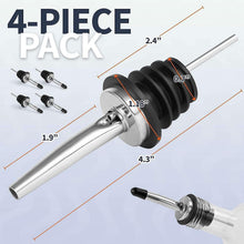 Liquor pourer set with stainless spout and black rubber insert dust caps, 4-pack