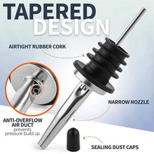 Tapered stainless liquor pourer with black sealing dust cap and rubber cork