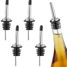 Stainless steel liquor pourer with black rubber dust cap, pour spout and stopper