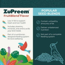 Zupreem FruitBlend bird seed blend info panel, illustrated birds and warning icons