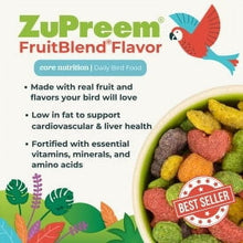 Zupreem FruitBlend bird food panel with bowl of colorful pellets and Best Seller badge