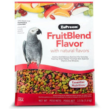 Zupreem FruitBlend bird food pellets bag, parrot graphic, fruit and seed images