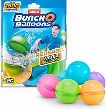 Reusable water balloon pack with blue, pink, green, and orange balloons, 6-pack