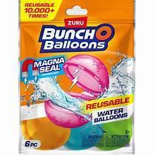 Reusable water balloon pack with sealed magenta, blue, and green balloons, 6-pack