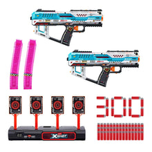 Two Fury-X blasters, pink magazines, target cards, and red dart ammo set pieces