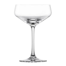 Coupe cocktail glass with clear bowl and etched spiral base, stem and foot.