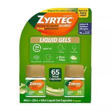 Zyrtec 24-hour allergy relief liquid gel capsules package front with 65 count