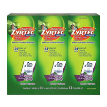Allergy relief syrup carton 3-pack with grape flavor and 24-hour text