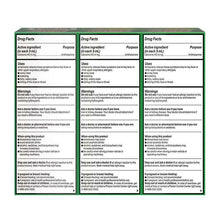 Allergy relief syrup carton back with three Drug Facts panels and warnings