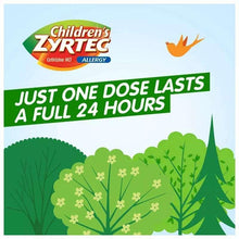 Allergy relief syrup carton front stating one dose lasts 24 hours