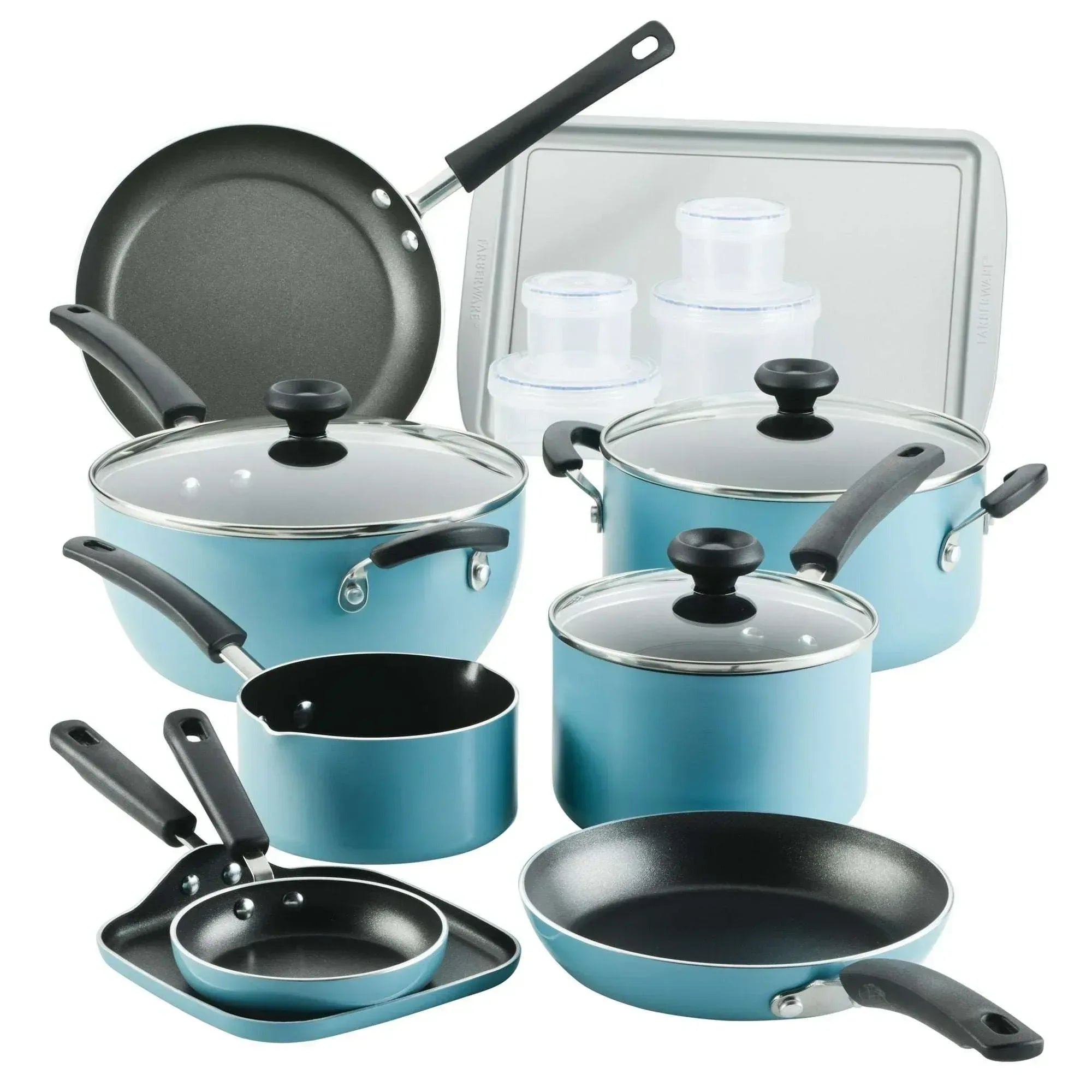 Farberware Easy Clean 20 Pcs Nonstick Cookware Set and Glass Lids with Cooking Tools and Food Storage Containers, Dishwasher Safe