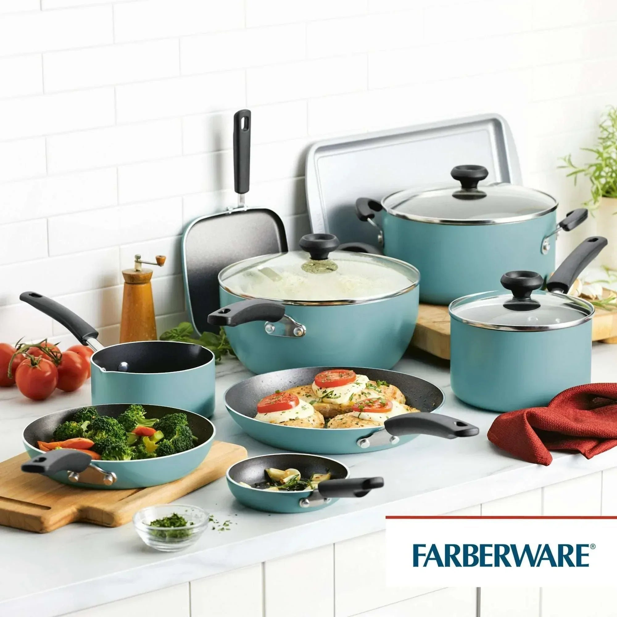 Farberware Easy Clean 20 Pcs Nonstick Cookware Set and Glass Lids with Cooking Tools and Food Storage Containers, Dishwasher Safe