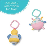 Baby floor seat toy set with dangling plush and fabric activity ring attachments