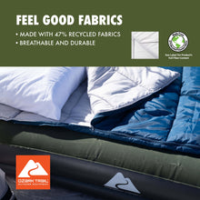 Quilted sleeping bag fabric, white top panels and blue inner panels.