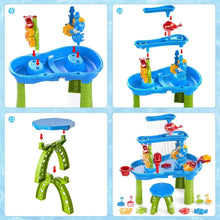 Kids dinosaur sand and water table with raised blue basin and connected spinning parts