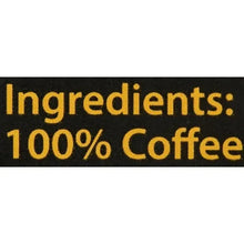 Dark roast ground coffee bag label: Ingredients 100% Coffee