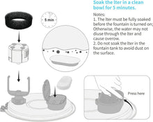 Foam filter replacement steps: soak 5 minutes, then press into the fountain