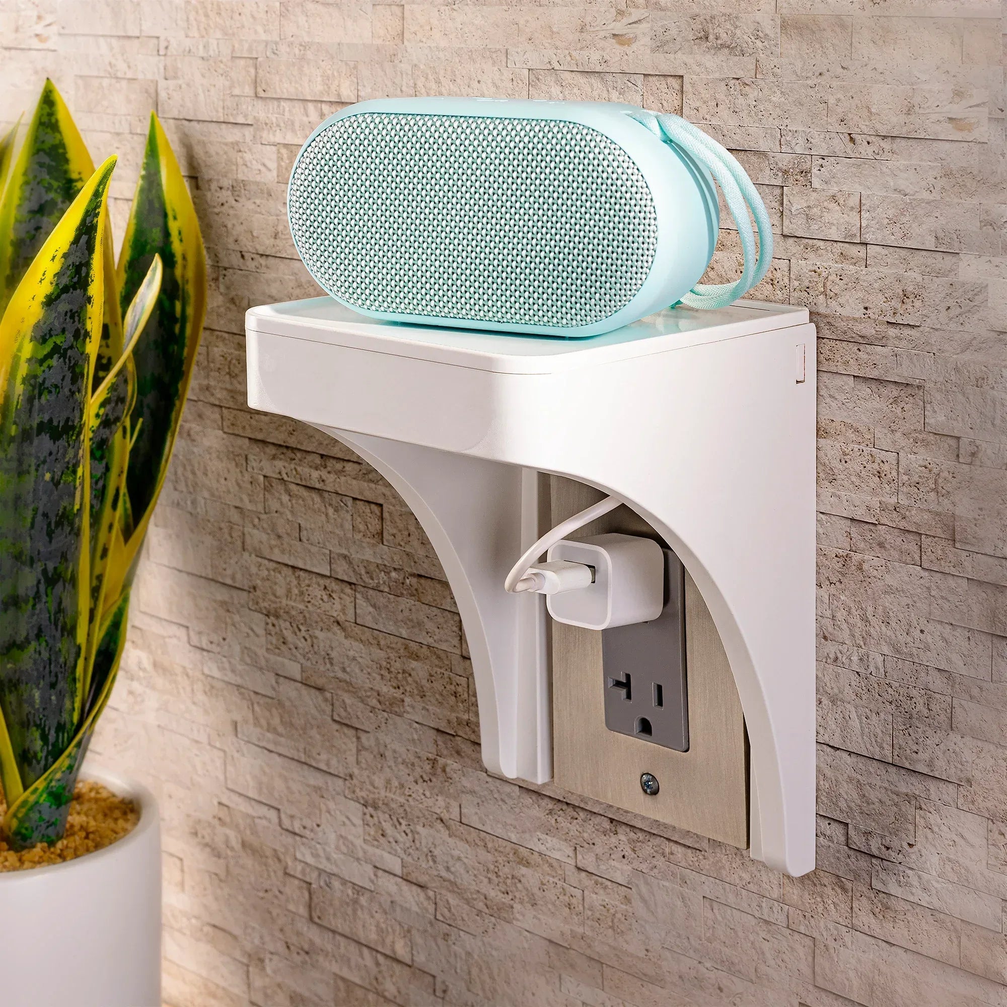 onn. White Outlet Shelf with Power Cord Storage Compartment