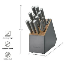 Charcoal gray knife block holding steel knives with built-in sharpener