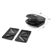 Waffle and sandwich maker with two separate plate inserts and closed top lid, side view