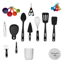Black and colored cooking utensils with measuring tools, whisk, and container