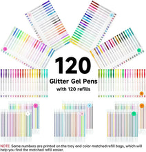 120 glitter gel pens with 120 refills shown on color-coded card