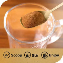 Glass cup with heaped instant coffee powder and spoon, plus 'Scoop Stir Enjoy' icons