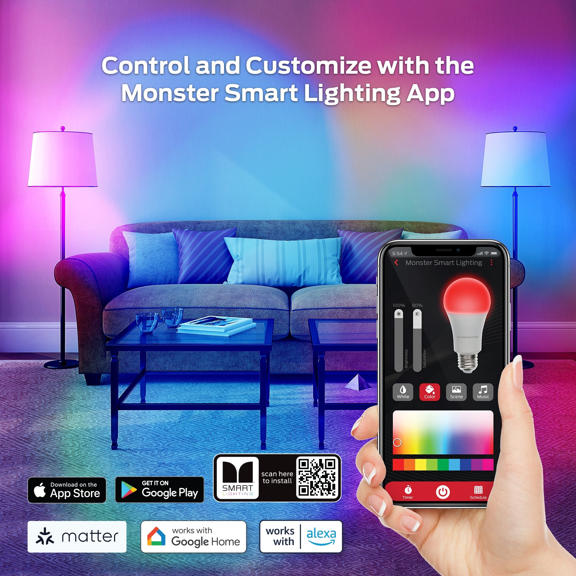 Monster Smart LED Bulb A19 4-Pack, WiFi Color Changing Light Bulbs, 800 Lumens 60W Equivalent, Tunable White 2700K–6500K, App & Voice Control, Alexa Google Home Matter Compatible