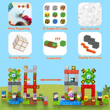Magnetic cube building pieces showing strong magnets, compatible styles, and stacked models