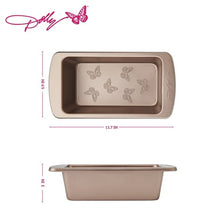 Rose-gold carbon steel loaf pan with butterfly stamp and Dolly Parton signature