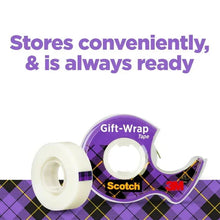 Purple plaid gift-wrap tape roll with dispenser, white tape leader