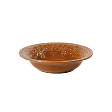Caramel ceramic soup or pasta bowl with raised lace rim pattern