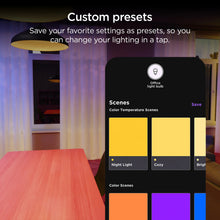 Roku smart color bulb SE app screen showing custom presets, scenes, and color tiles.