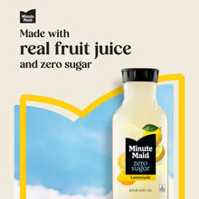 Minute Maid Zero Sugar Lemonade bottle on a made with real fruit juice banner