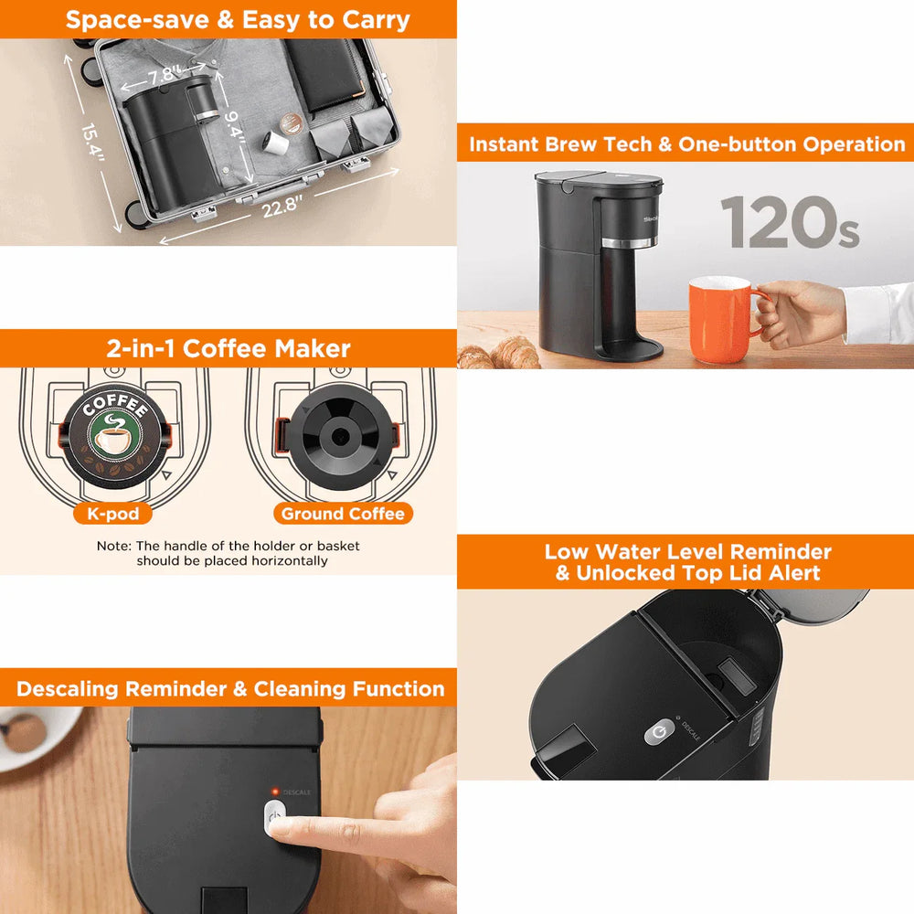Sboly Mini Single Serve Coffee Maker, Instant Coffee Maker One Cup for K Cup & Ground Coffee, 6 to 12 oz Brew Sizes, Capsule Coffee Machine with Water Window and Descaling Reminder, Black - USA MEGA SHOP